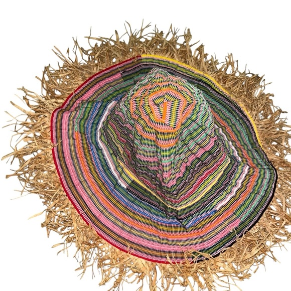 Grevi striped fringe rafia straw beach pool sun hat - Picture 3 of 5